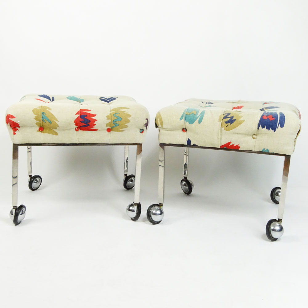 Pair of Mid Century Modern Rolling Chrome Upholstered Ottomans