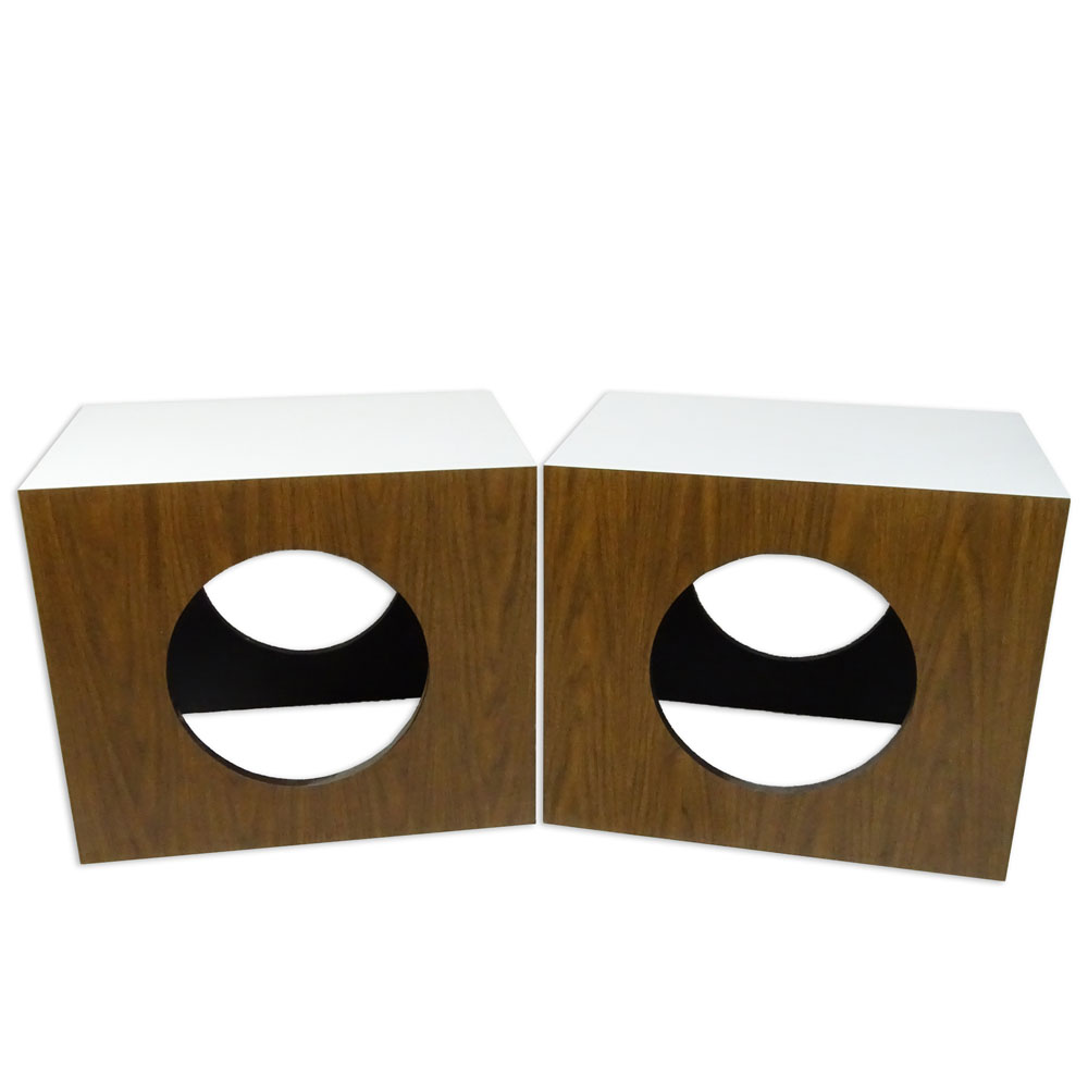 Pair of Mid Century Modern Lane Style Cube Laminate "Circle Cut Out" Side Tables.  