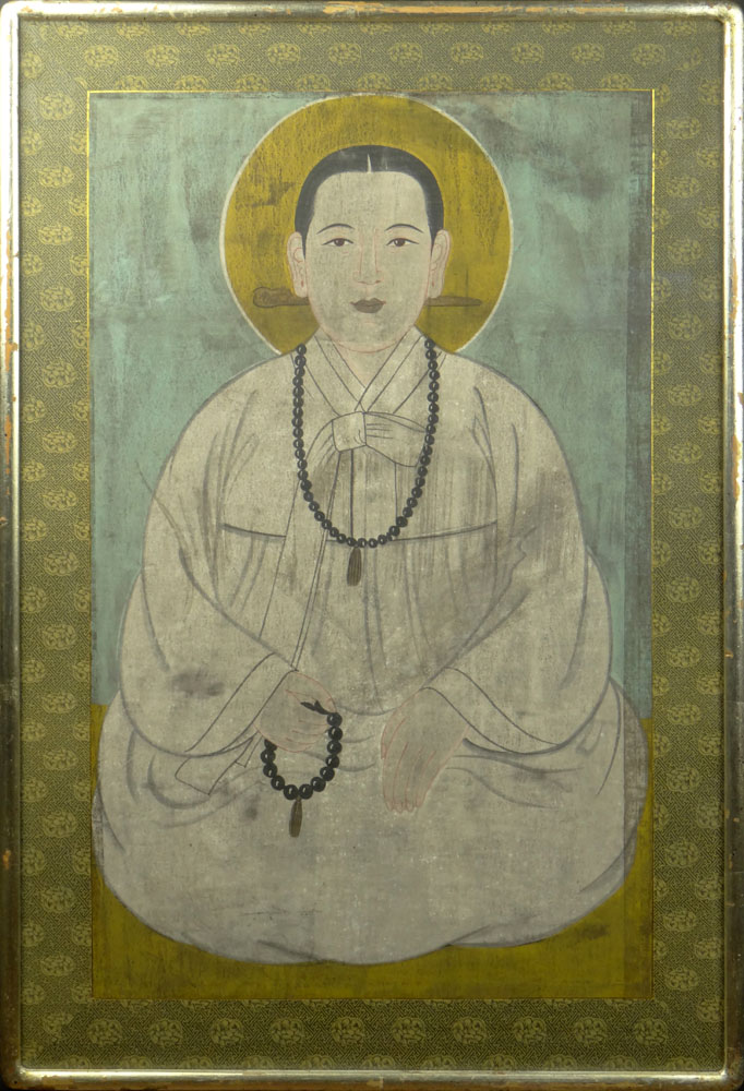Large Contemporary Chinese Gouache on Paper With Fabric Border "Man With Prayer Beads"