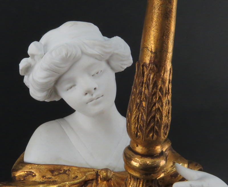 Mednat, French (20th century) Art Nouveau Gilt Bronze and Bisque Figural Lamp on Marble Base. 