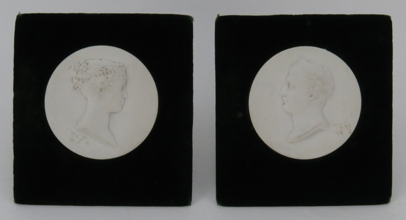 Pair of Neoclassical "Napoleon and Josephine"  Parian Medallion Affixed on Velvet. 
