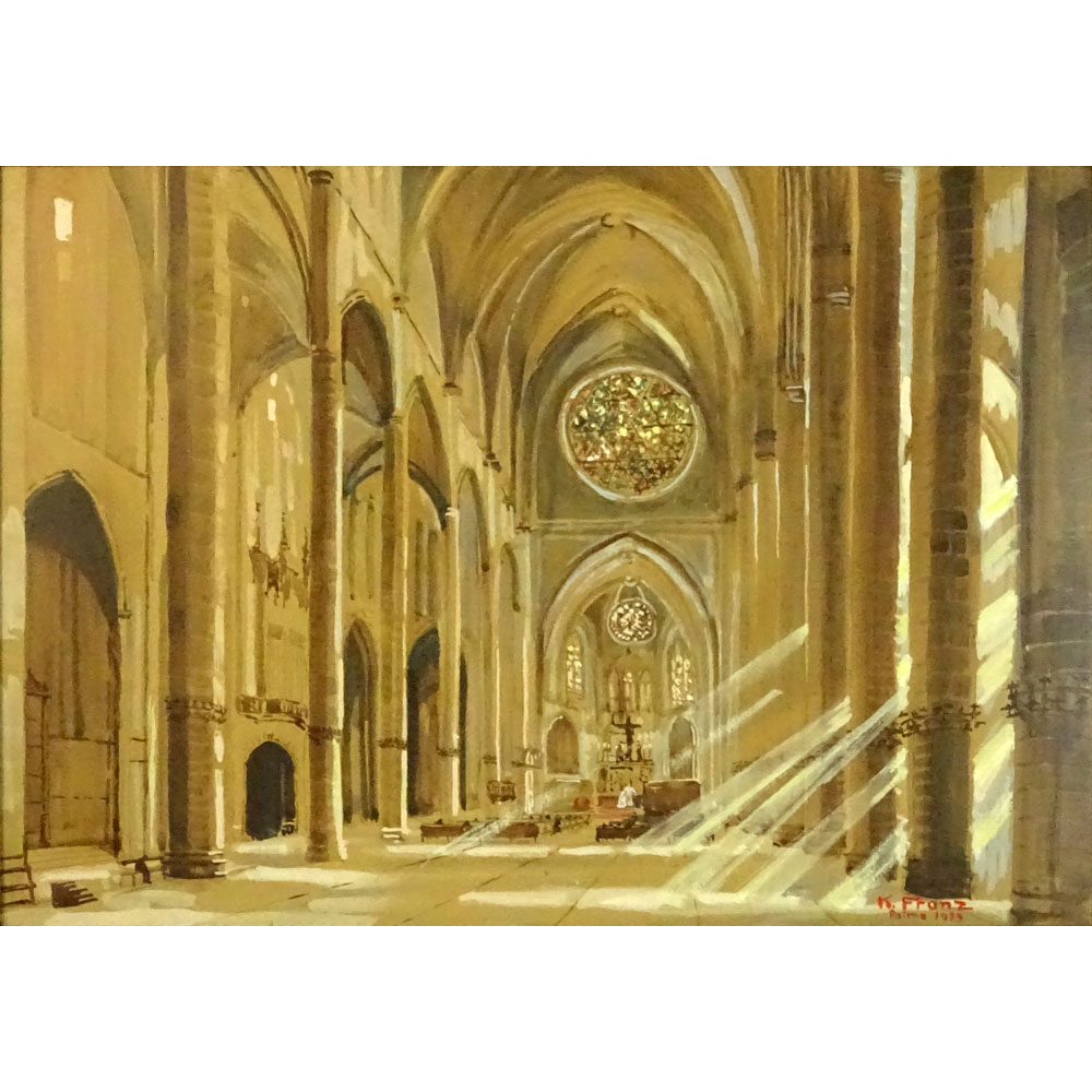 K. Franz (20th Century) Watercolor and Highlights "Church Interior with Streaming Sunlight" 