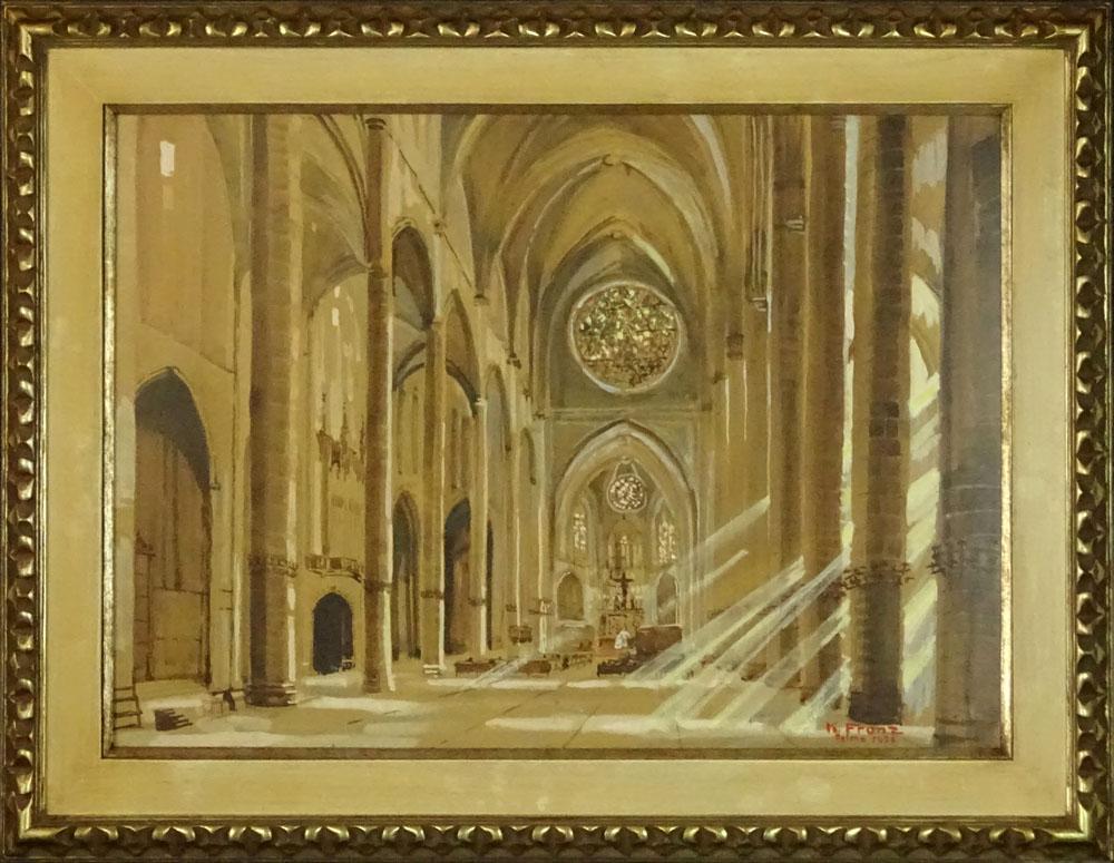 K. Franz (20th Century) Watercolor and Highlights "Church Interior with Streaming Sunlight" 