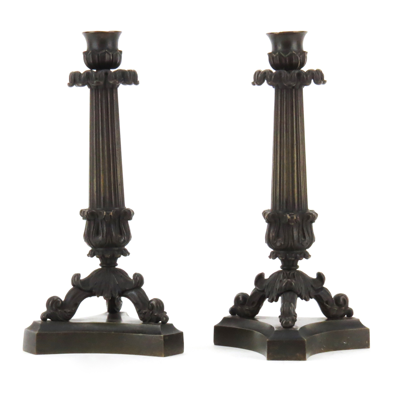 Pair of Neoclassical Charles X Style Patinated Bronze Candlesticks.