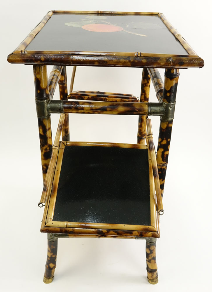 Vintage Lacquered Bamboo Small Table With 2 Fold Up Shelves.
