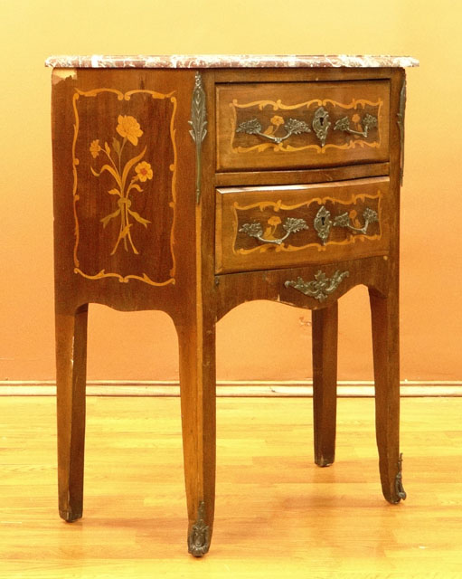 Small 20th Century French Louis XV style Bronze Mounted Marquetry Inlaid Bombe Commode with Two (2) Drawers and Marble Top.