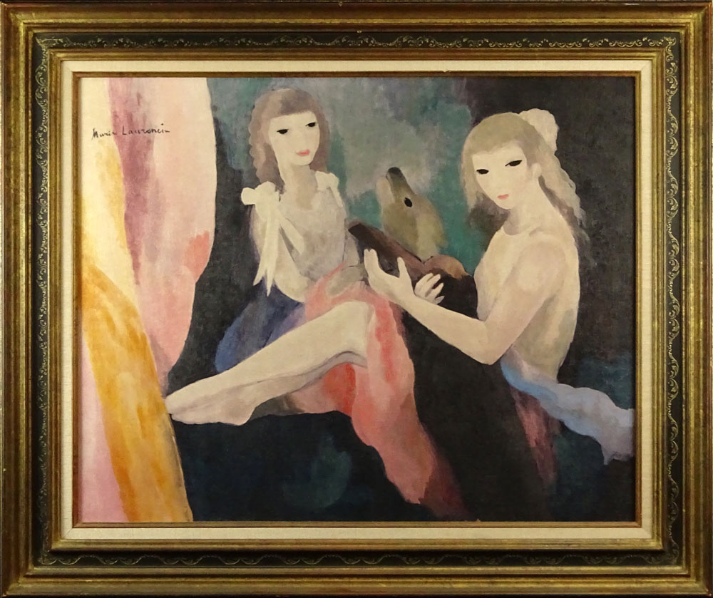 after: Marie Laurencin, French (1885-1956) Oil on Canvas "Femmes Avec Chien" 