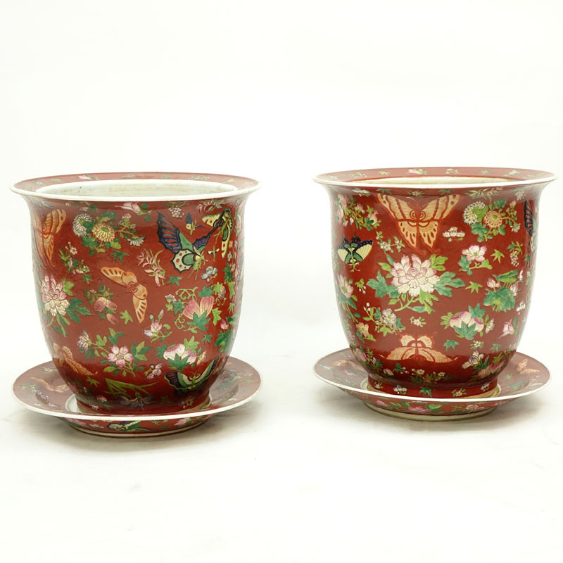 Pair Later 20th Century Chinese Porcelain  Jardinière With Matching Underplates.
