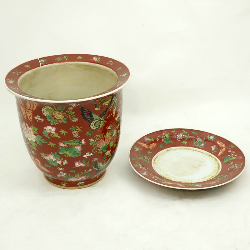 Pair Later 20th Century Chinese Porcelain  Jardinière With Matching Underplates.