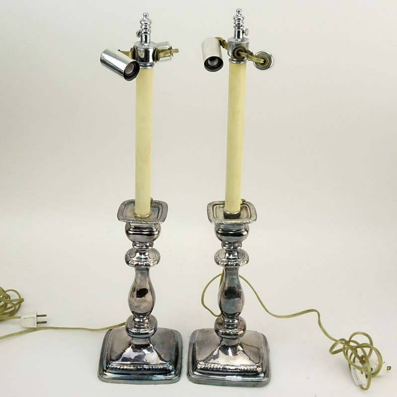 Pair of Vintage Silver Plate Candle Sticks Now As Lamps.