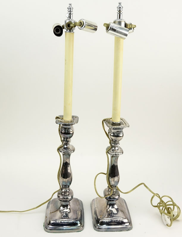 Pair of Vintage Silver Plate Candle Sticks Now As Lamps.