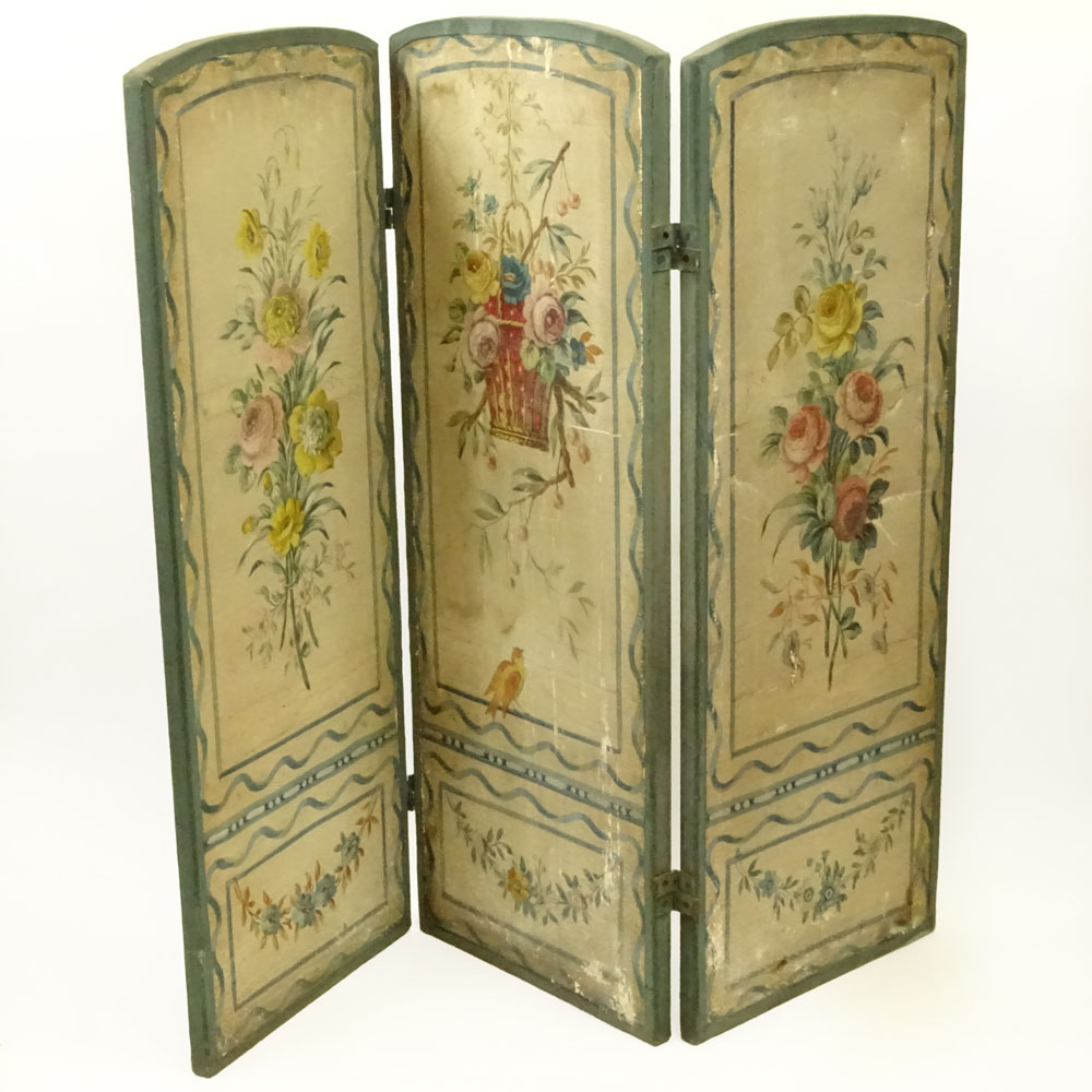19/20th Century Probably Italian Hand Painted Canvas and Wood Tri Fold Panel.