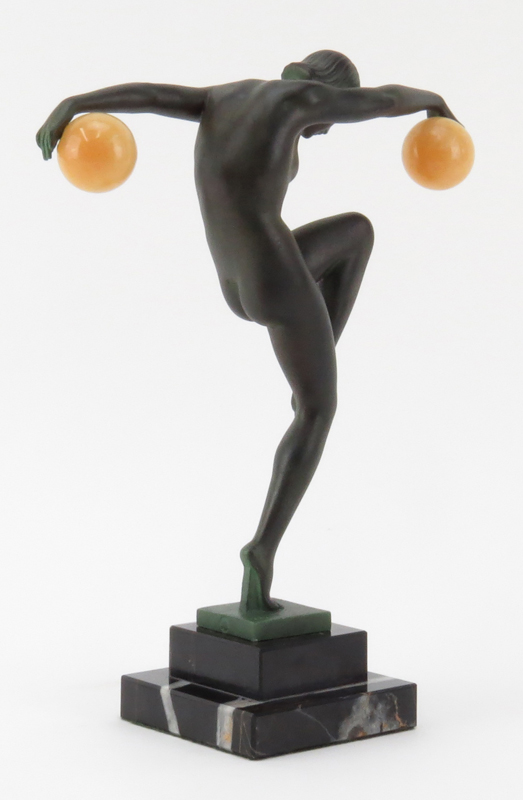 Art Deco Bronze Figure "Danseuse Aux Boules" On Stepped Marble Base. Signed Denis and foundry mark. 