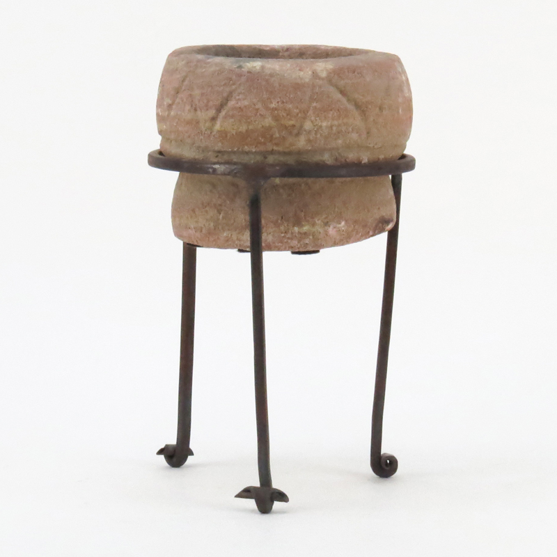 Pre Columbian Stoneware Vessel on Wrought Iron Stand. Natural wear to patina.