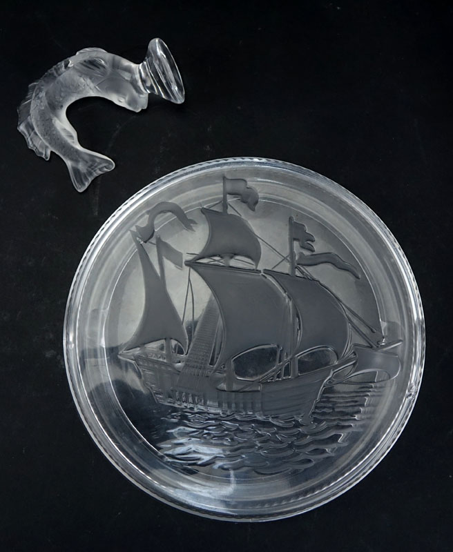 Two (2) Piece Lalique Lot. Includes: "Goujon" fish paperweight, "Santa Maria" ashtray.