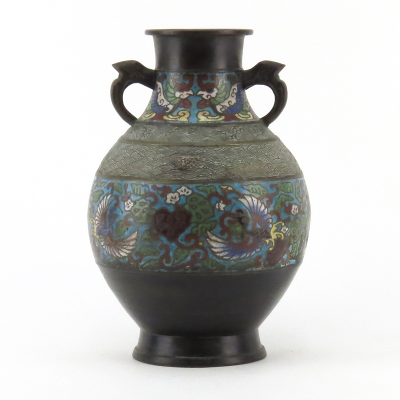 Antique Japanese Champlevé Enamel Bronze Vase.