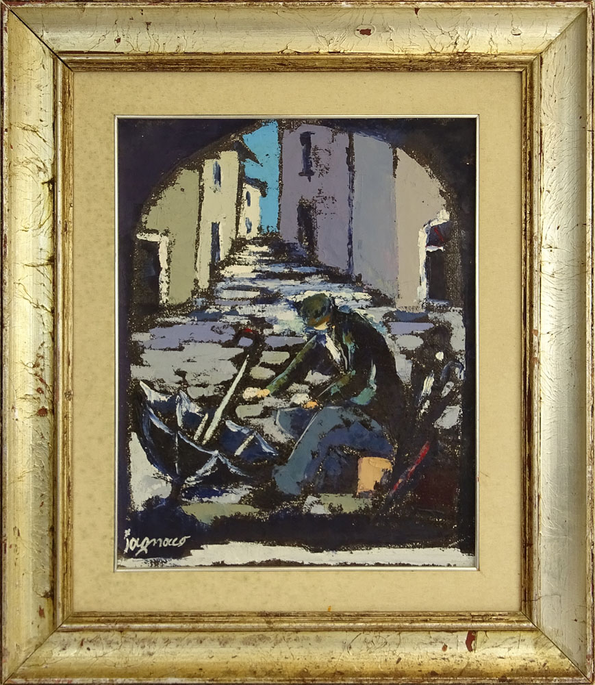 Mid 20th Century Oil Painting bears signature Iagnocco (?). "Man With Umbrella" 