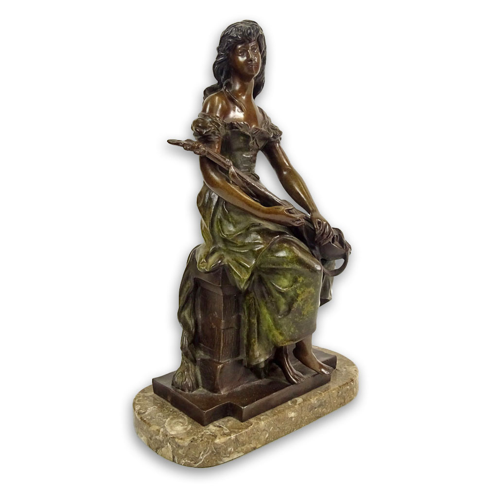 Hippolyte Francois Moreau, French (1832-1927) Bronze Sculpture "Girl With Guitar" On Marble Base.