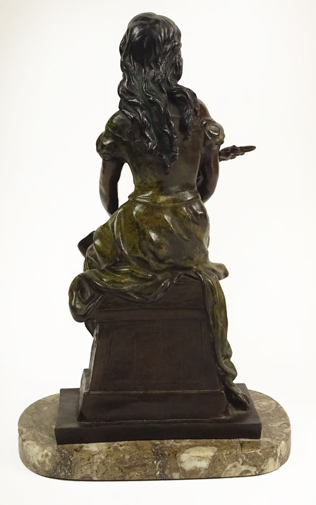 Hippolyte Francois Moreau, French (1832-1927) Bronze Sculpture "Girl With Guitar" On Marble Base.