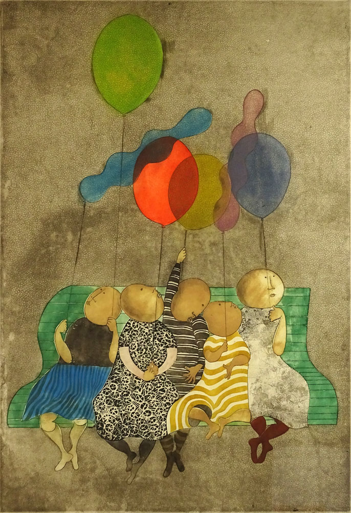 Graciela Rodo Boulanger, Bolivian (born 1935) color lithograph, Children with Balloons.