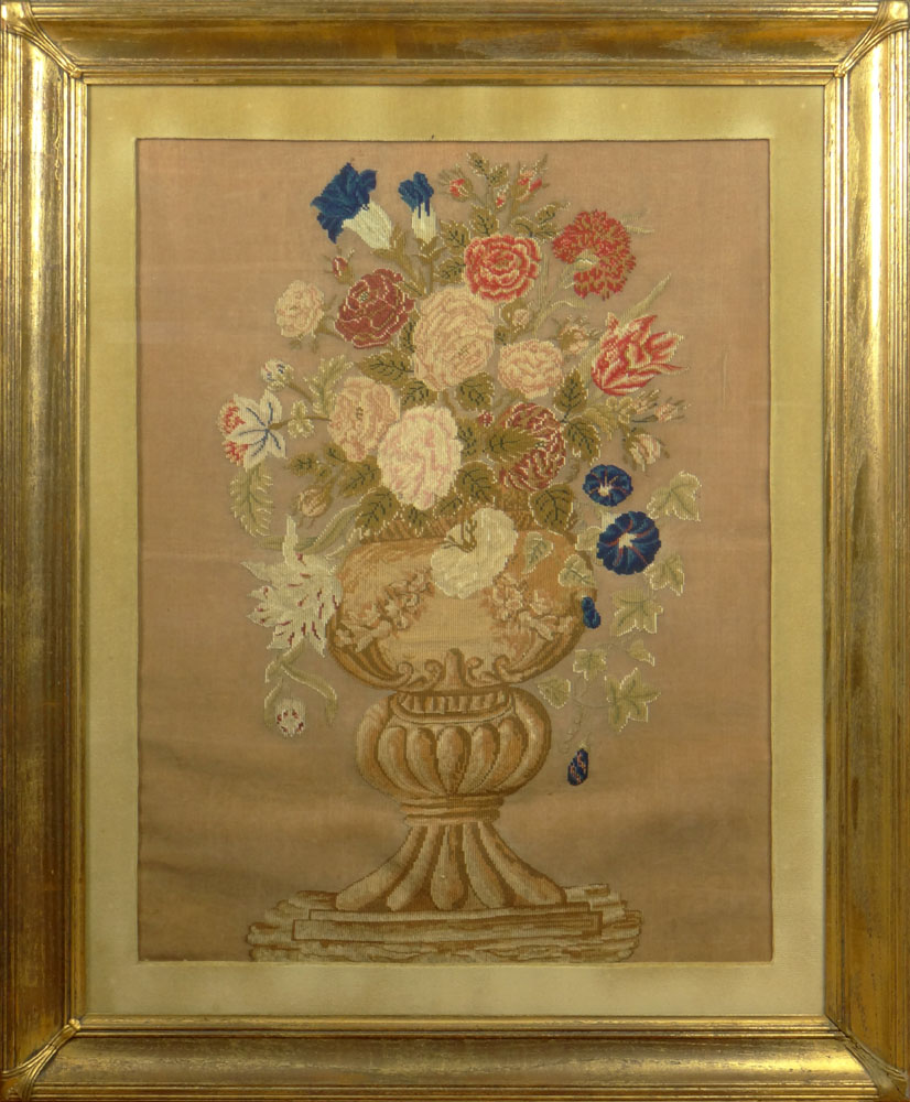 Well Done 19th C Framed Needlepoint "Still Life of Flowers" Unsigned. 