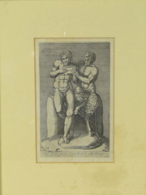 Set of Four (4) Prints of Antique Etchings, All Nude Male Subjects Mounted in Marblelike Frames. 