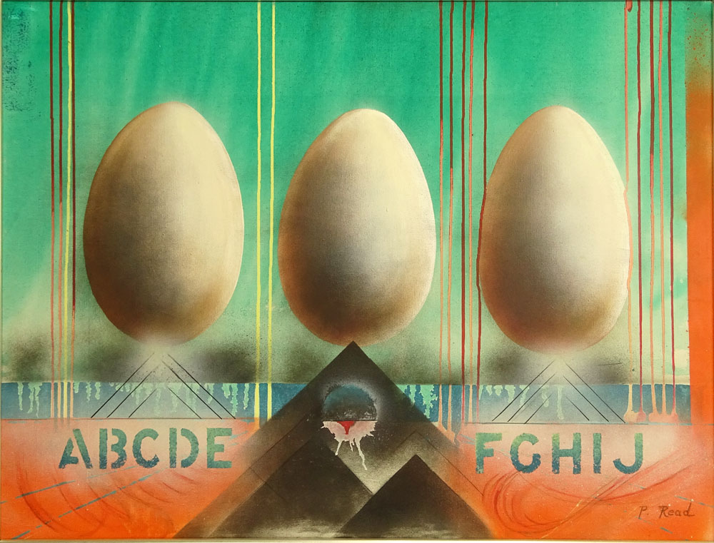 Philip Standish Read, American (1927-2000) oil Painting on Canvas "Eggs And Letters" Signed lower right P. Read.
