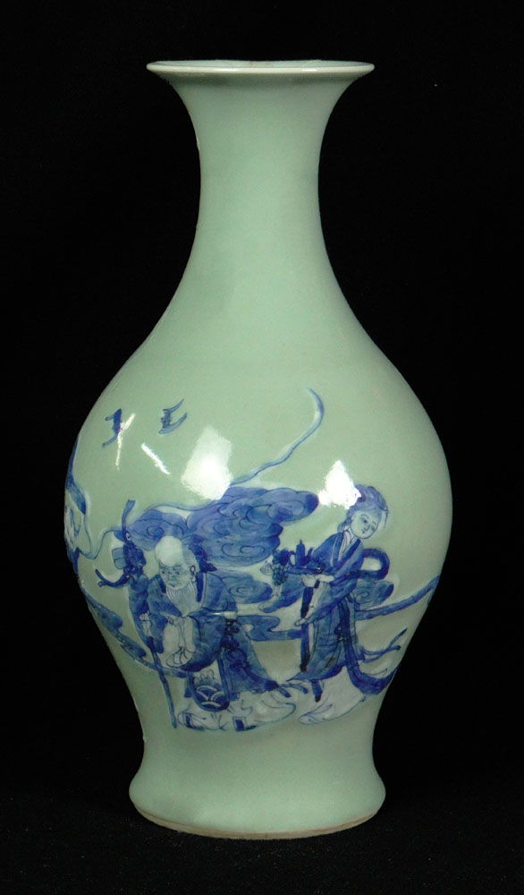 Chinese Blue Decorated Celadon Porcelain Bottle Vase.