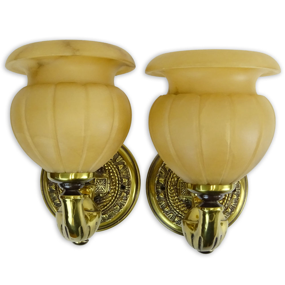 Pair of Contemporary Brass and Alabaster Wall Sconces.