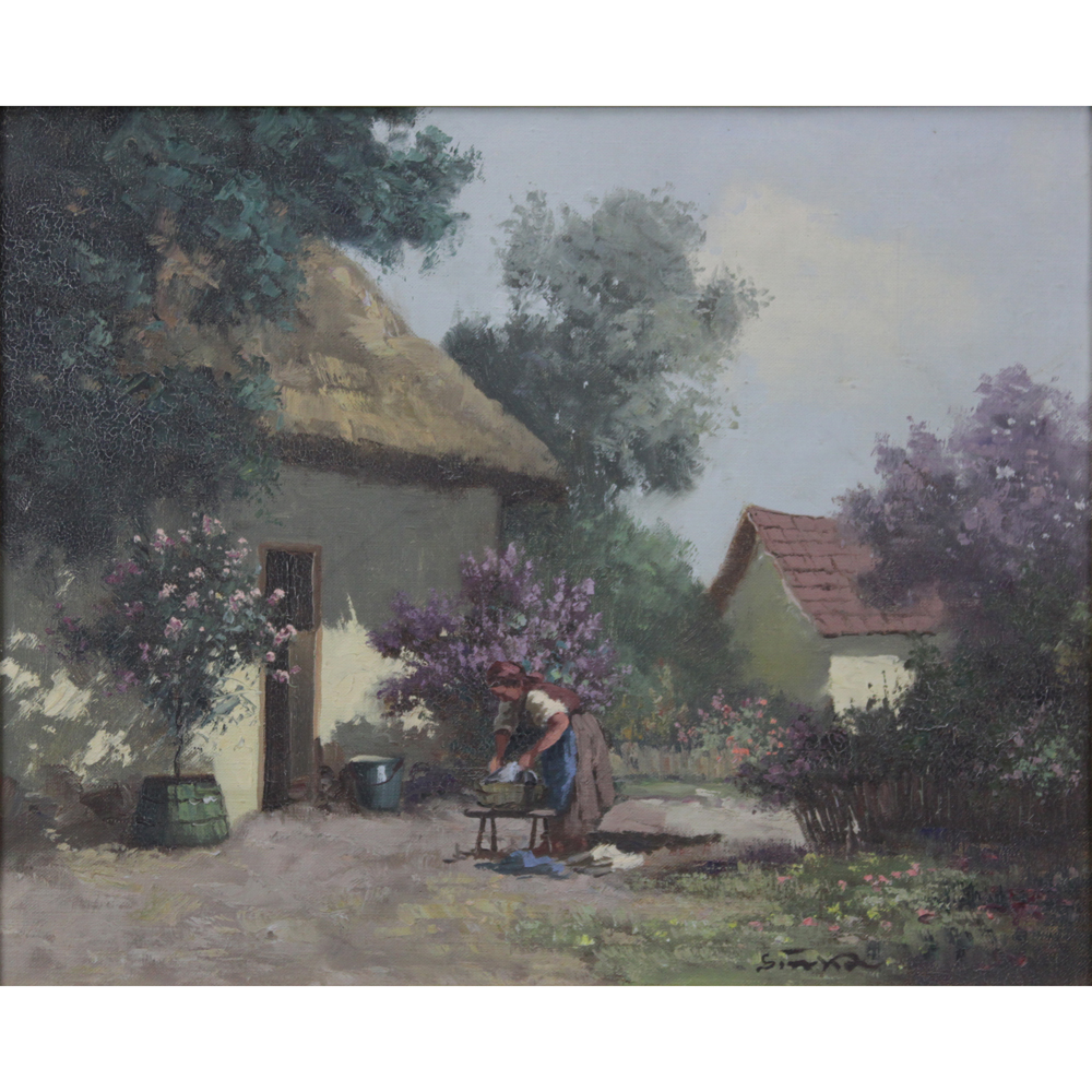 Hungarian School Oil on Canvas Painting "Villager Tending Clothes near Cottages" 