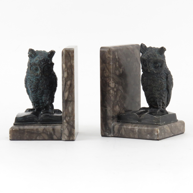 Pair of Italian White Metal and Marble Owl Bookends.