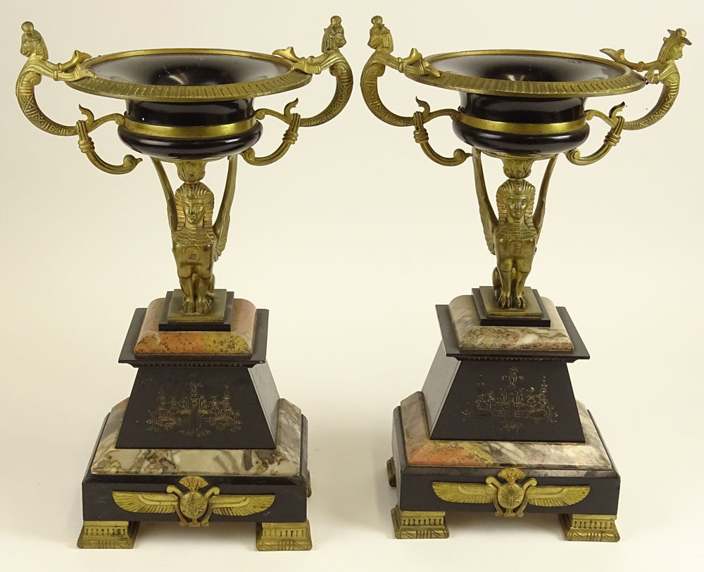 Egyptian Revival Two (2) Piece Bronze, Marble and Onyx Garniture Set. 