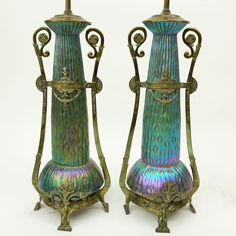 An Impressive Pair Of Kralik Sea Urchin Art Nouveau Bohemian Art Glass Lamps.