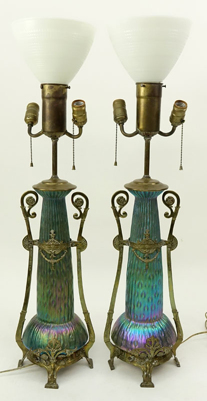 An Impressive Pair Of Kralik Sea Urchin Art Nouveau Bohemian Art Glass Lamps.