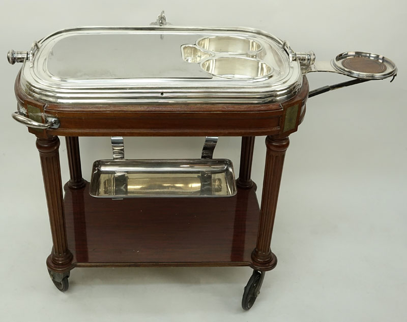 Large French Silver Plate and Carved Wood Meat Carving Trolley.