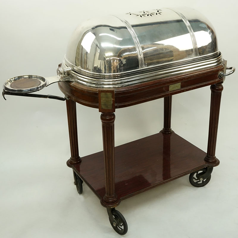 Large French Silver Plate and Carved Wood Meat Carving Trolley.