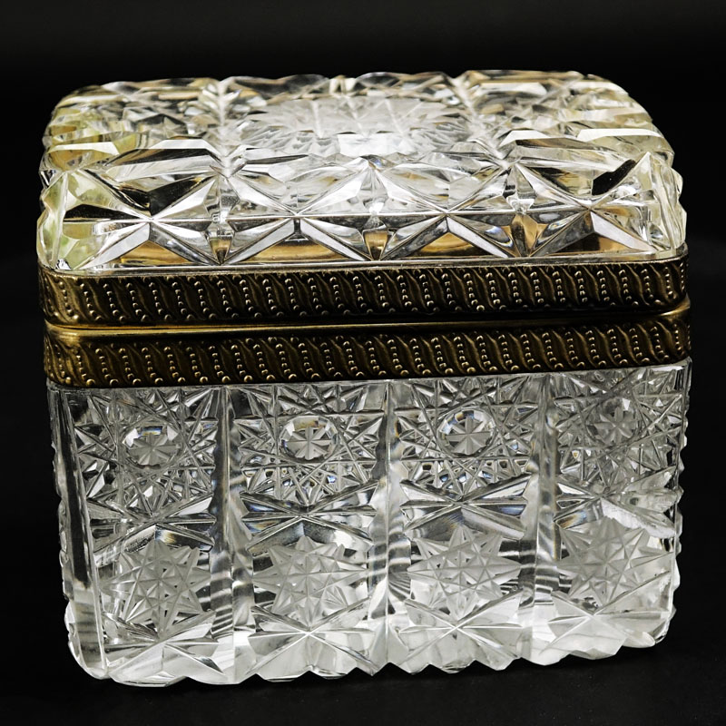 Antique Cut Glass and Brass Jewelry Box. Small nick to lid and base, brass needs cleaning. 