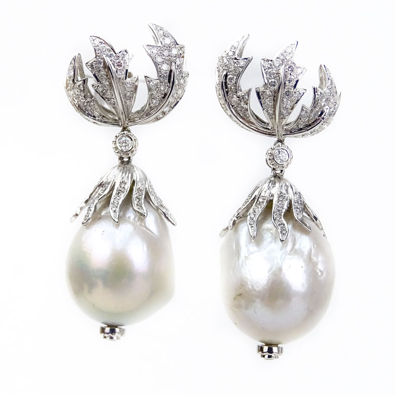 Large Baroque Pearl, Approx. 2.15 Carat Round Brilliant Cut Diamond and 18 Karat White Gold Drop Earrings.