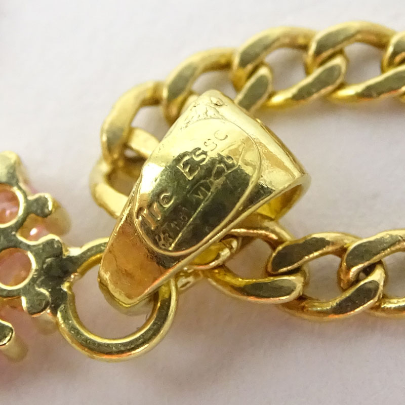 18 Karat Yellow Gold, Pink Gemstone and Diamond Cross Pendant Necklace. 