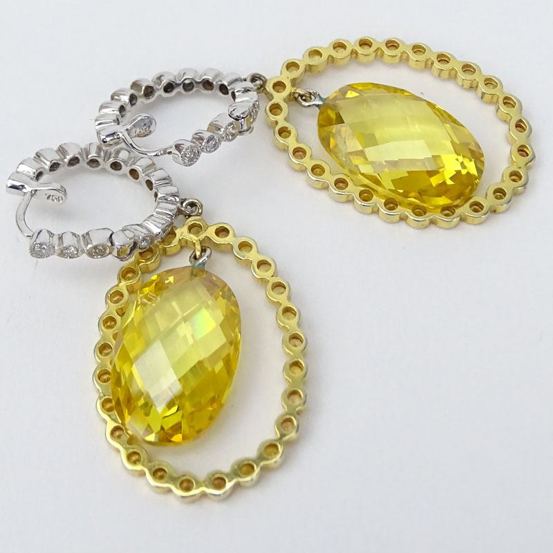 Approx. 28.69 Carat Citrine, 1.43 Carat Yellow Sapphire, .43 Carat Diamond and 14 Karat Yellow and White Gold Pendant Earrings. 
