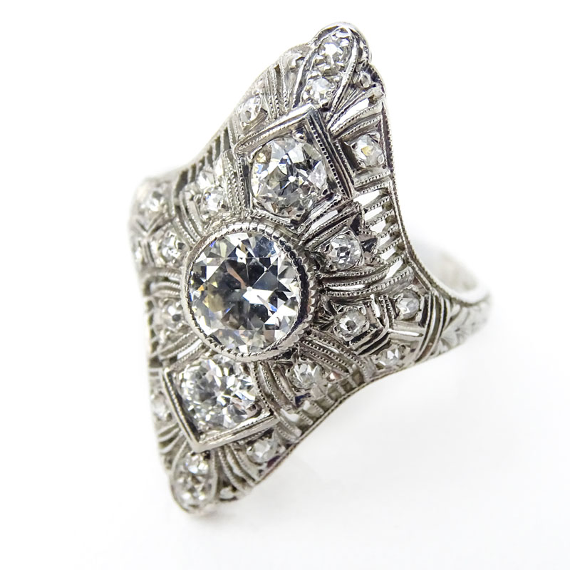 Art Deco Approx. 1.55 Carat TW Old European Cut Diamond and Platinum Filigree Ring.