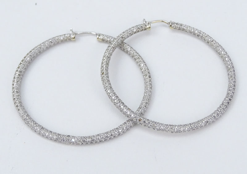 Approx. 6.34 Carat Micro Pave Set Round Brilliant Cut Diamond and 14 Karat White Gold Hoop Earrings.