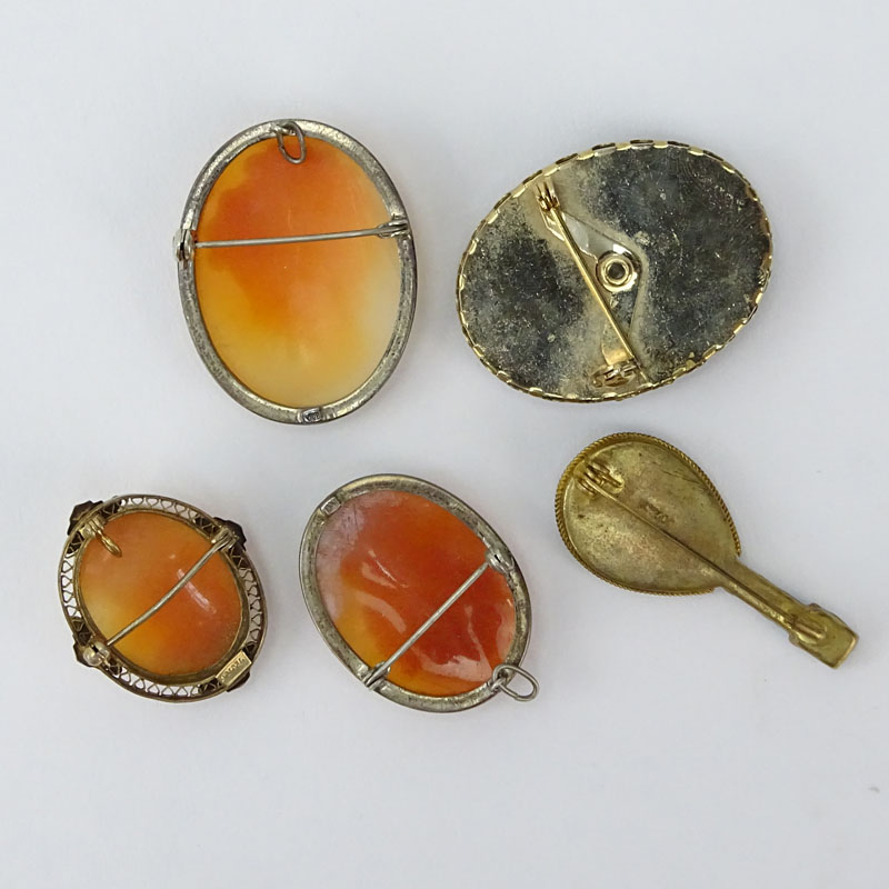 Collection of Three (3) Vintage Carved Shell Cameo Brooches, One (1) Sulphide Cameo Brooch and an Italian Micro Mosaic Brooch. 