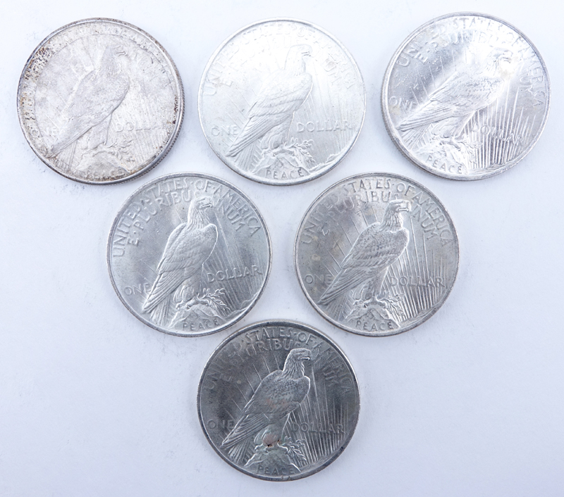 Collection of Six (6) U.S. Peace Silver Dollars.