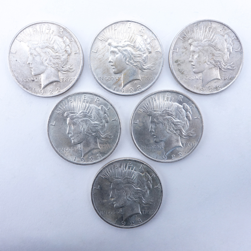 Collection of Six (6) U.S. Peace Silver Dollars. Dates range from 1922-1923.