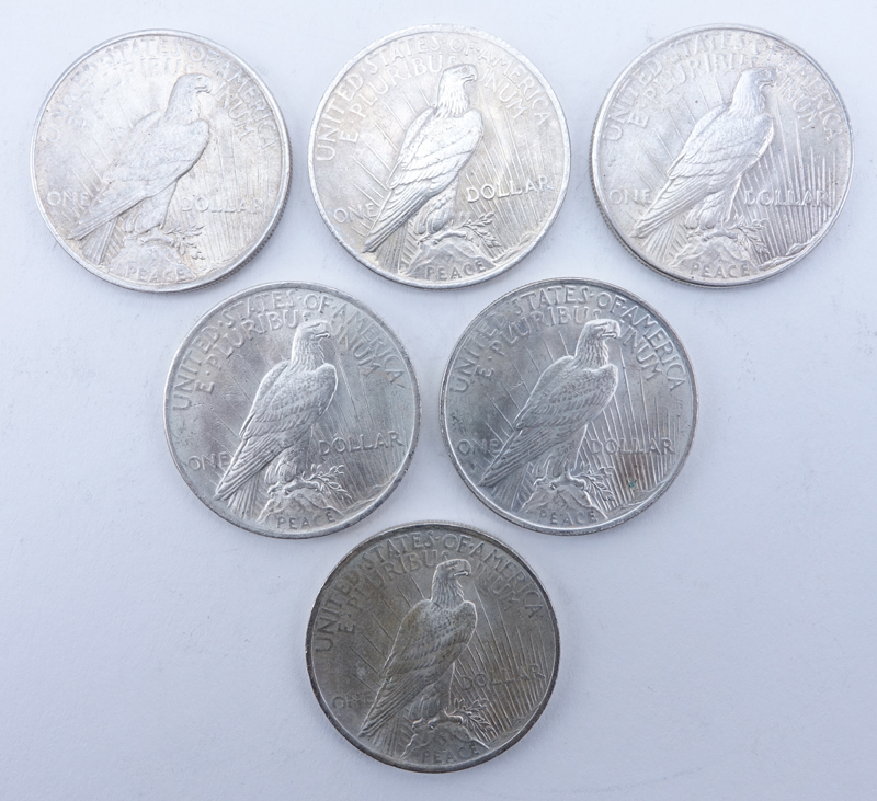 Collection of Six (6) U.S. Peace Silver Dollars. Dates range from 1922-1923.