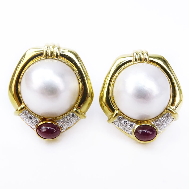 Vintage Natural Mabe Pearl, Approx. 2.35 Carat Cabochon Ruby, Diamond and 18 Karat Yellow Gold Clip Earrings. 