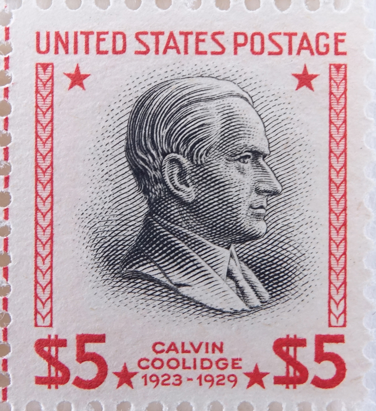 #834-1938 Block of Four (4) Calvin Coolidge $5 U.S. Postage Stamps.