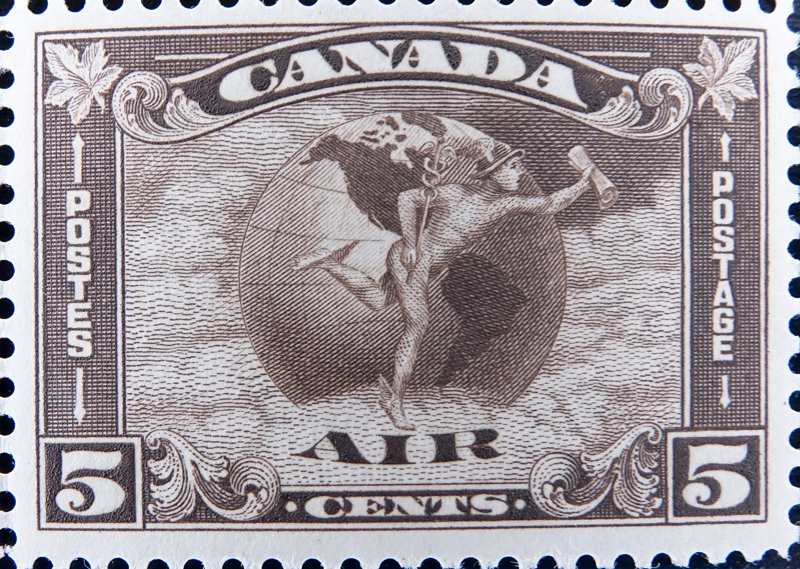 Collection of Sixteen (16) Canadian 5 Cent Mercury Airmail Postage Stamps in Sleeves.