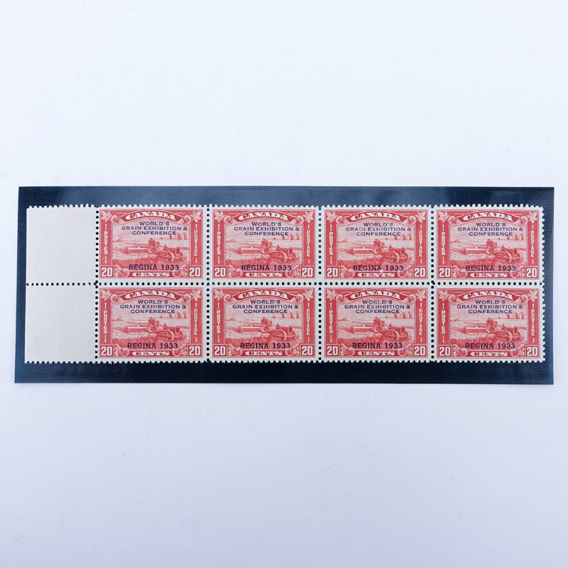Block of Eight (8) 20 Cents Canada Worlds Grain Exhibition & Conference- Regina 1933 Postage Stamps.